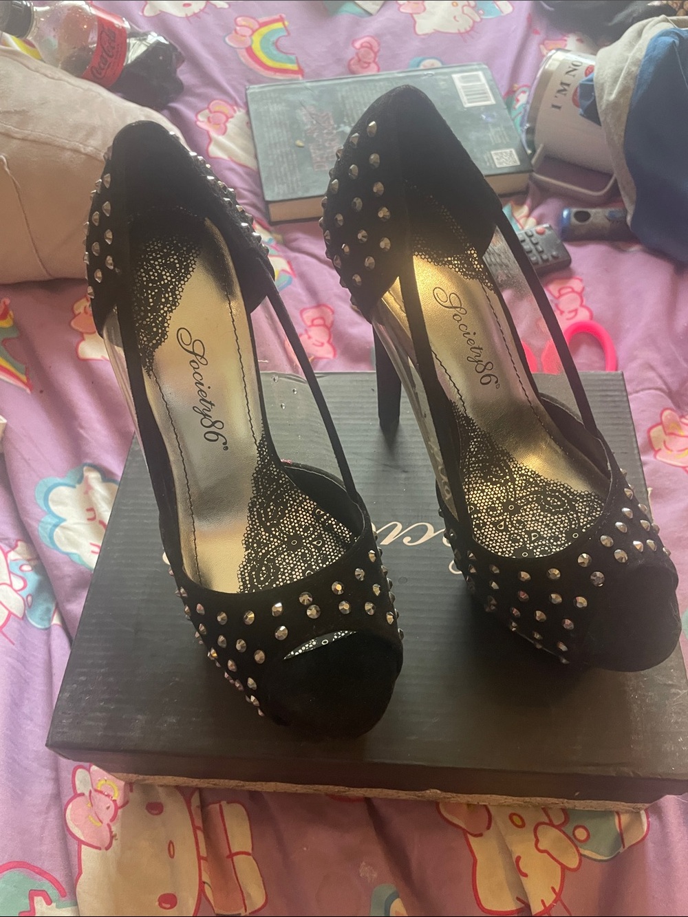Society6 Black Studded Peep-Toe Stiletto Heels